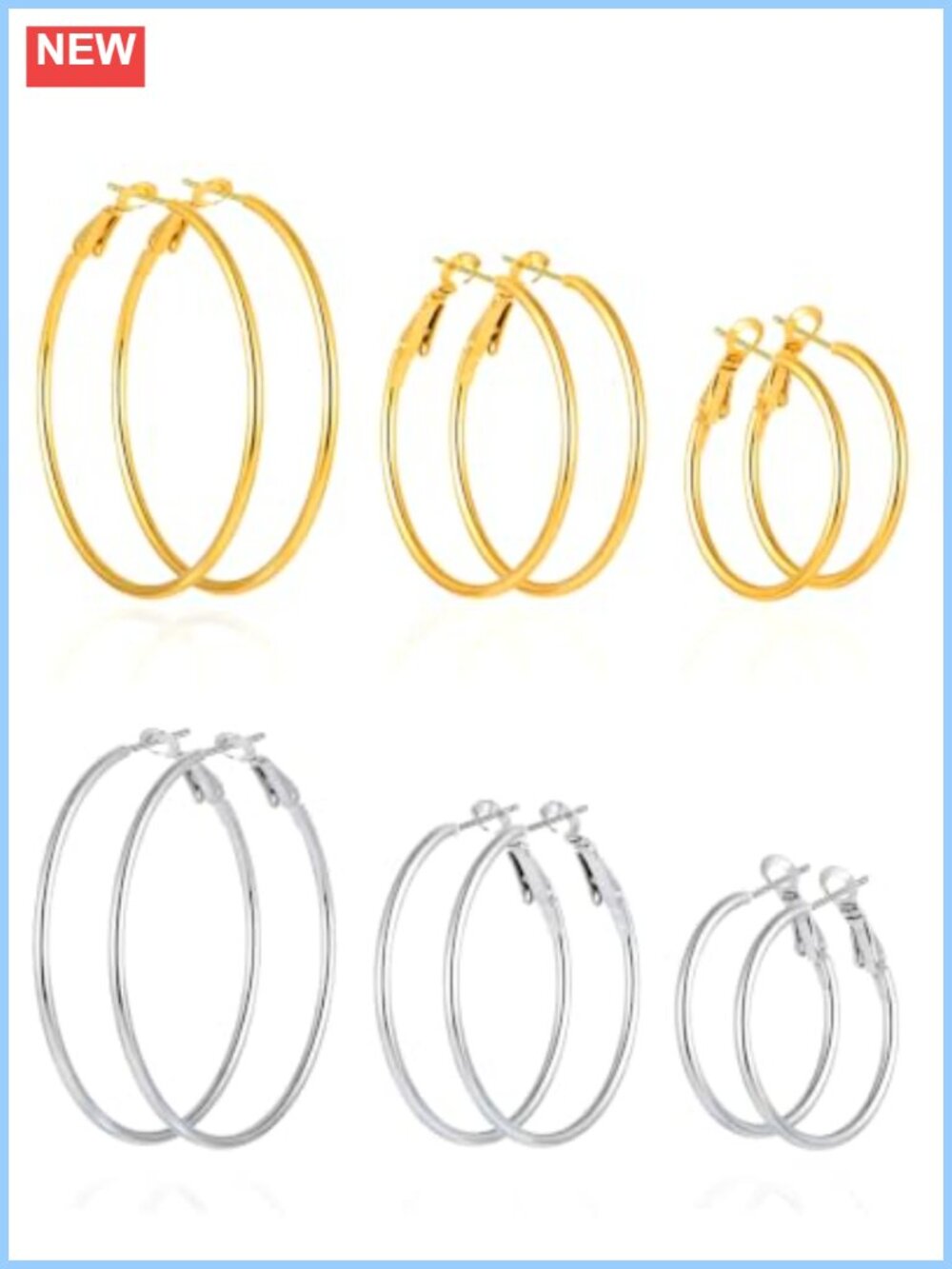 6 Pairs 14K Gold Plated Stainless Steel Hoop Earrings Set 30/40/50mm
